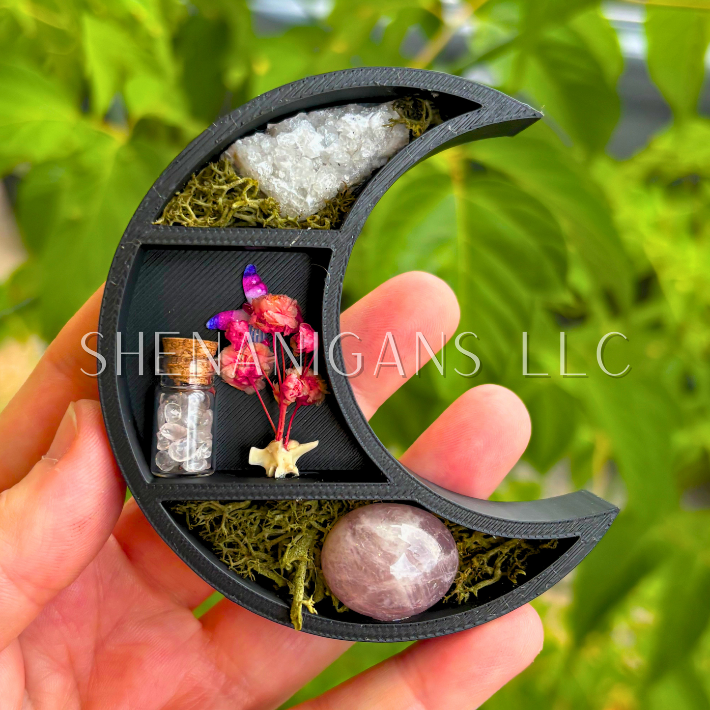 Mini Crescent Moon Magnet with Rattlesnake Vertebrae and Butterfly - 3D Printed Moon Display with Handpicked Crystals, Moss & Trinkets (Copy) (Copy) (Copy)