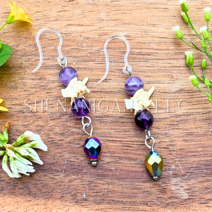 Rattlesnake Vertebrae Dangle Earrings with Crystal & Black Briolette