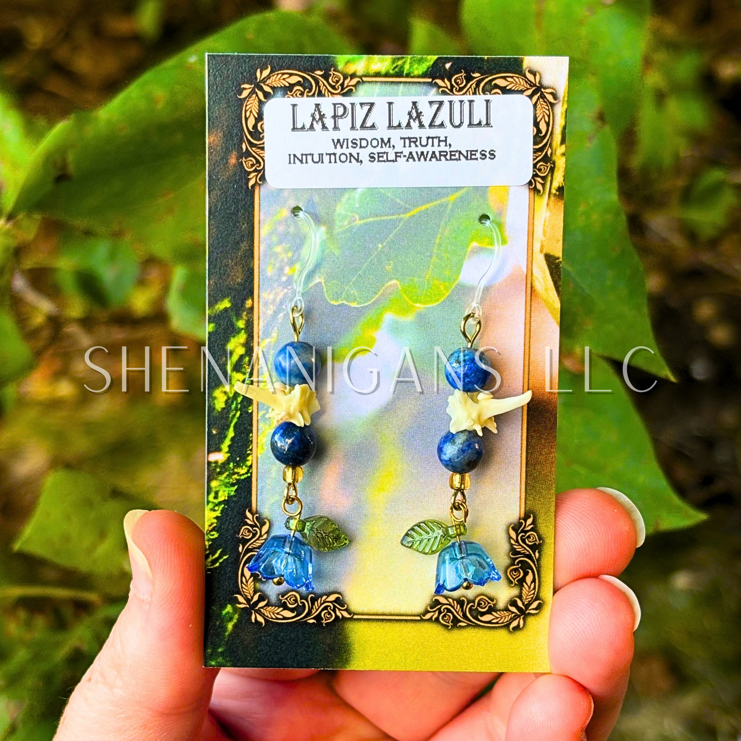 Bell Flower Dangle Earrings with Snake Vertebrae and Crystal Beads