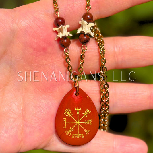 Vegvísir (Viking Compass) Engraved Crystal Pendant Neckalce with Rattlesnake Vertebrea