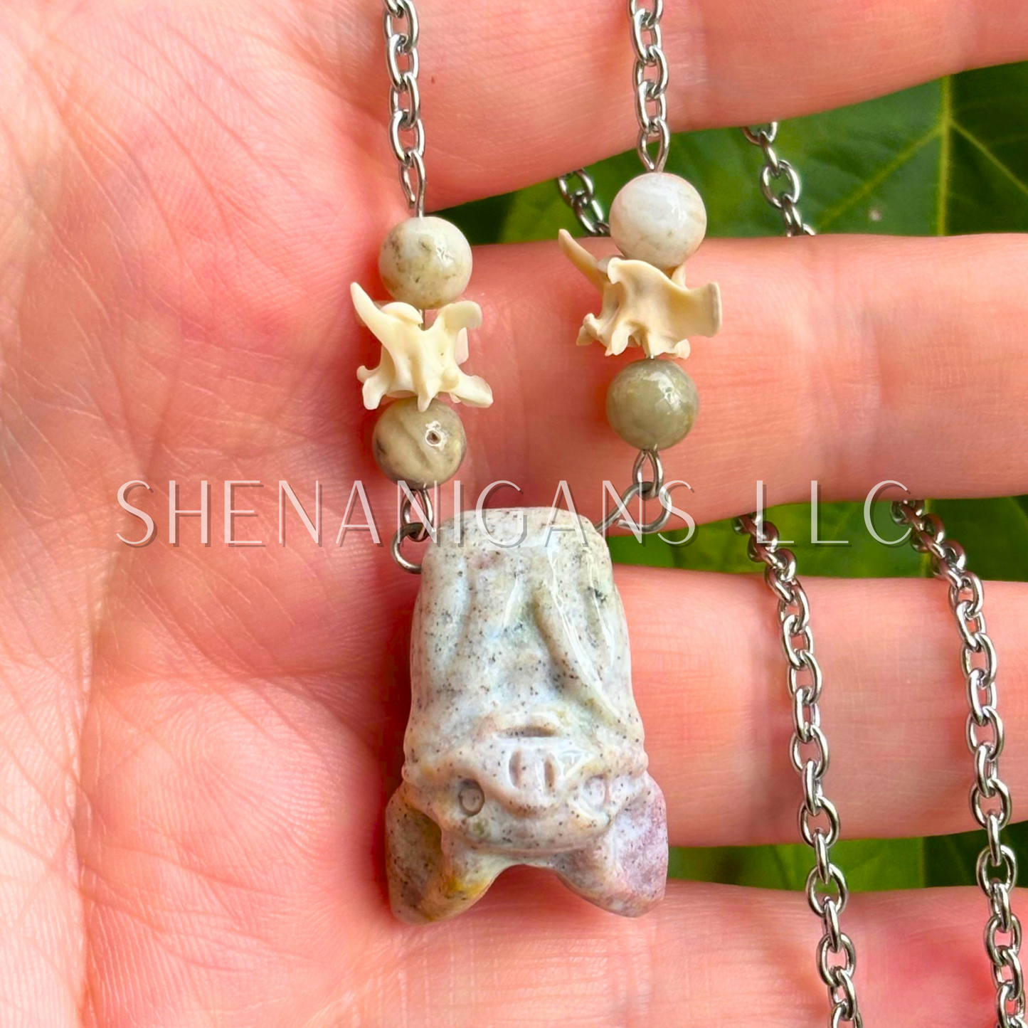Mookaite Fruit Bat Necklace – Crystal Carving with Crazy Agate Beads