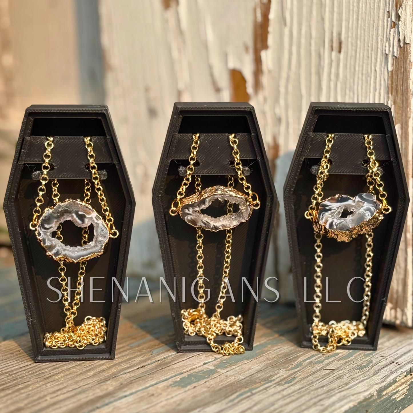 Dark Druzy Agate Slice Necklace – Natural Crystal with Gold Hammered Chain