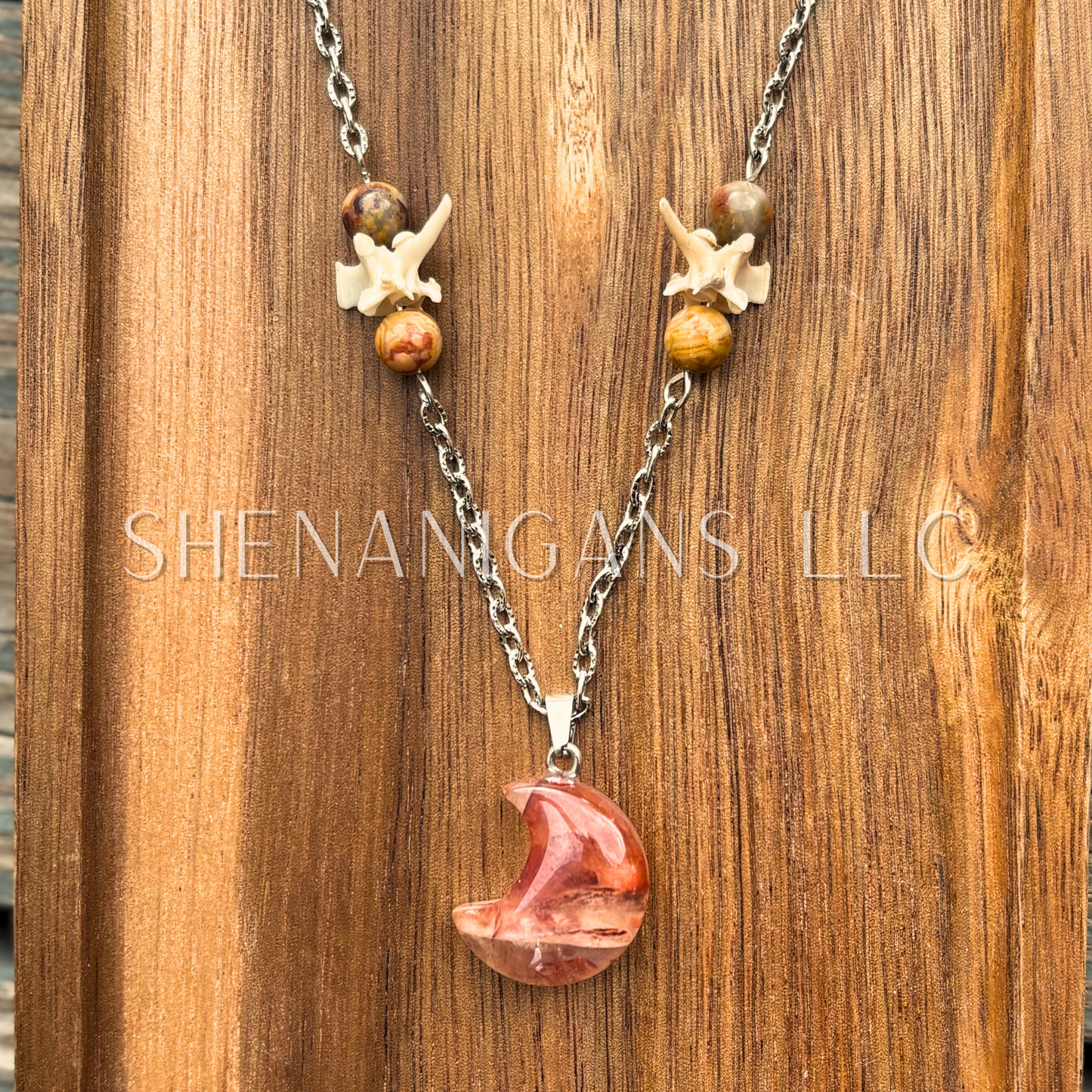 Fire Quartz Crescent Moon Pendant – Crystal Beads & Rattlesnake Vertebrae Necklace