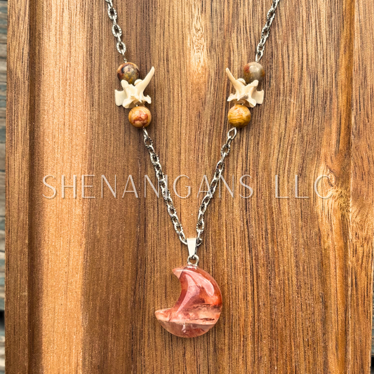 Fire Quartz Crescent Moon Pendant – Crystal Beads & Rattlesnake Vertebrae Necklace