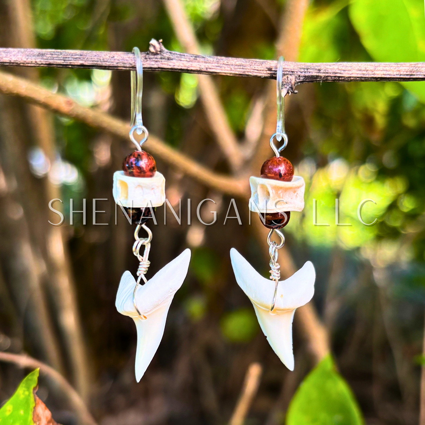 Shark Vertebrae and Shark Tooth Earrings with Crystal Beads
