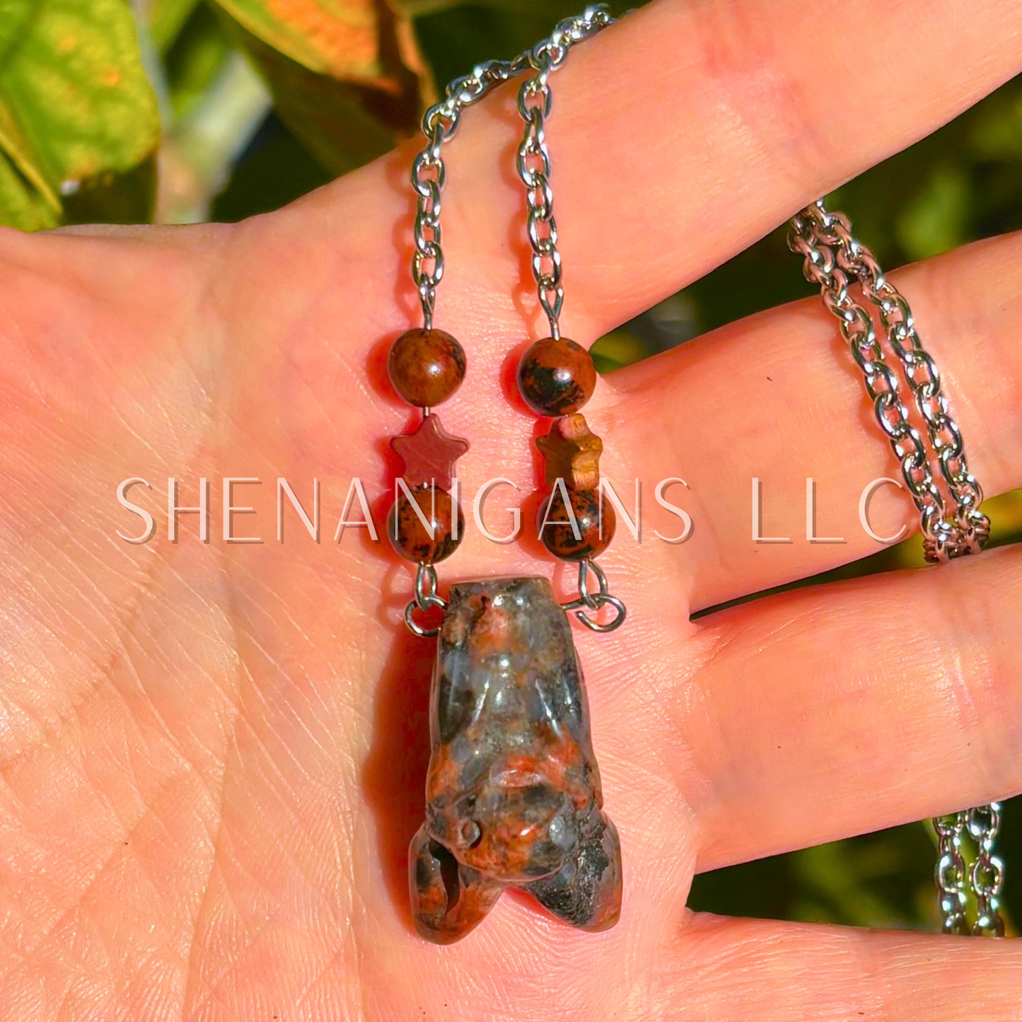 Fruit Bat Necklace – Mahogany Obsidian Bat with Mahogany Obsidian Beads