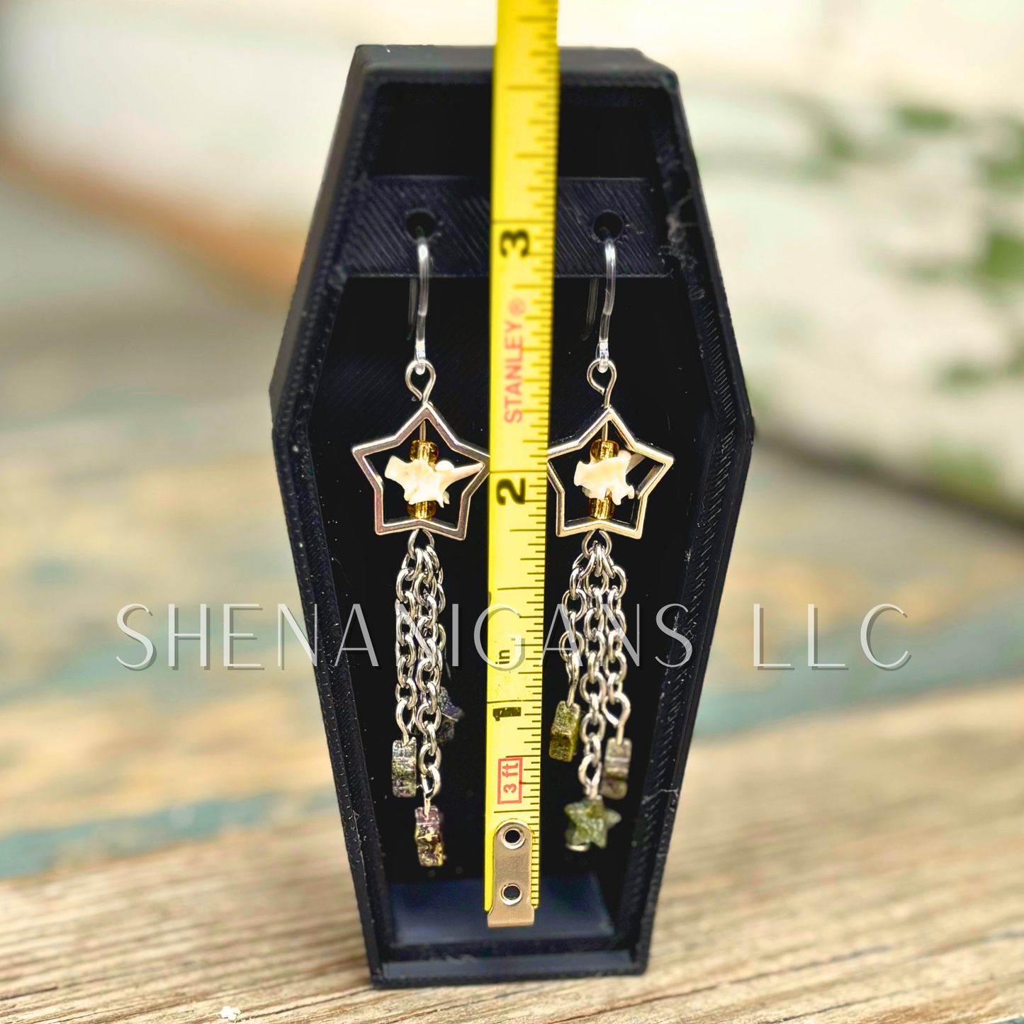 Shooting Star Earrings with Dragon’s Blood Jasper Stars & Rattlesnake Vertebrae – Handmade Celestial Coffin Display