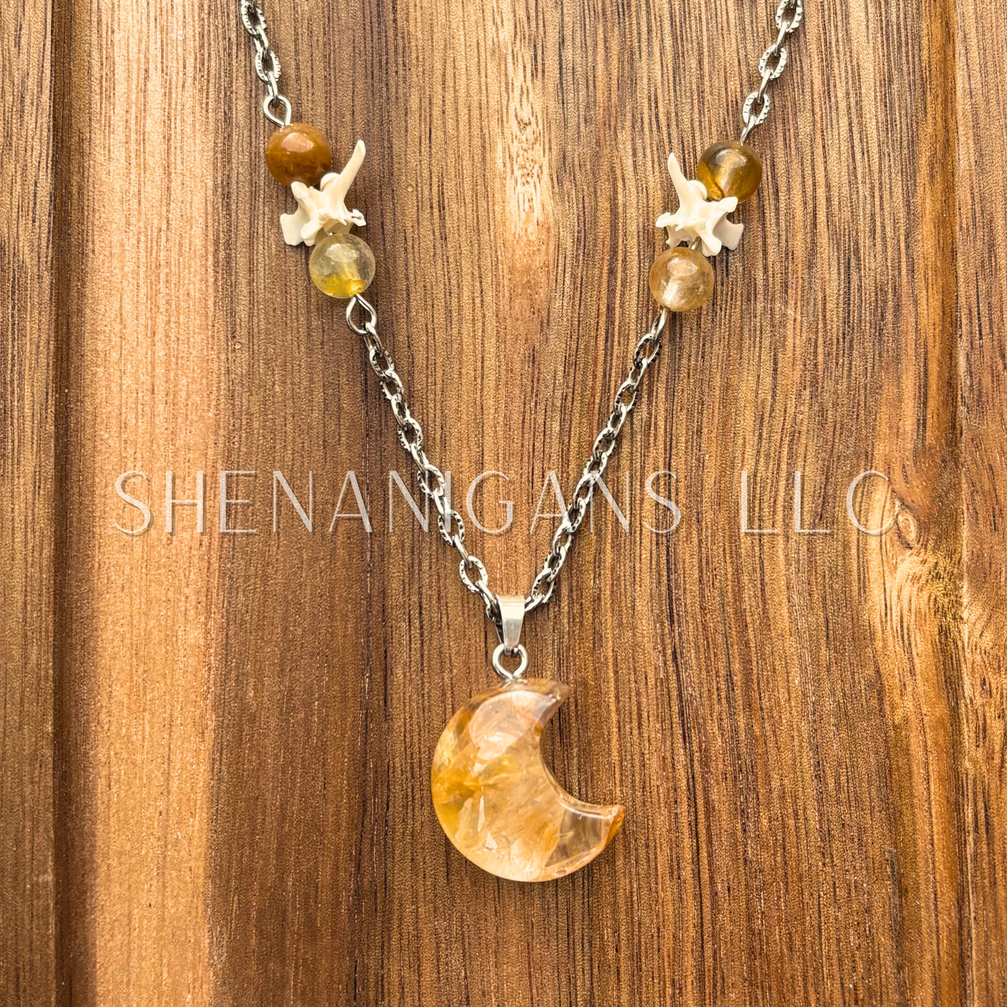 Golden Healer Crescent Moon Pendant – Beads & Rattlesnake Vertebrae Necklace