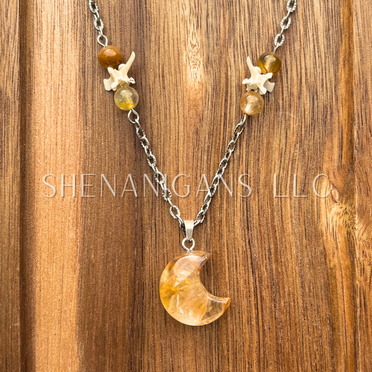 Golden Healer Crescent Moon Pendant – Beads & Rattlesnake Vertebrae Necklace