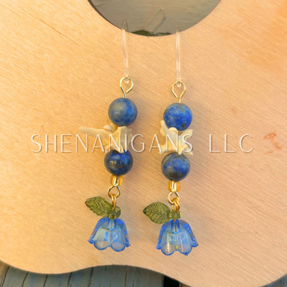 Blue and Gold Bell Flower Dangle Earrings with Snake Vertebrae and Crystal Beads
