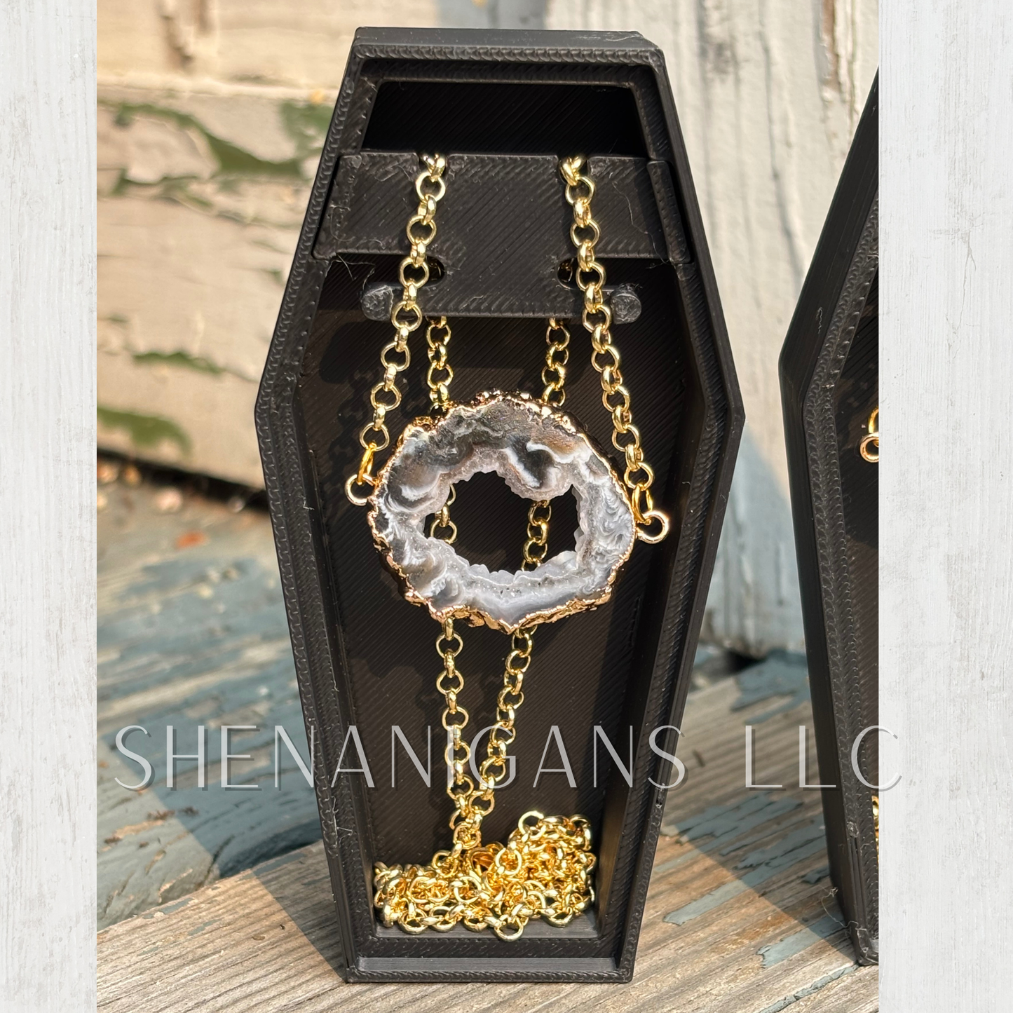 Dark Druzy Agate Slice Necklace – Natural Crystal with Gold Hammered Chain
