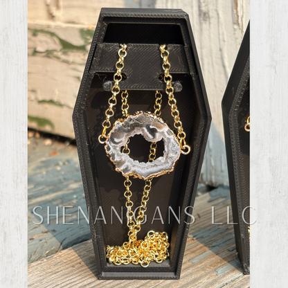 Dark Druzy Agate Slice Necklace – Natural Crystal with Gold Hammered Chain