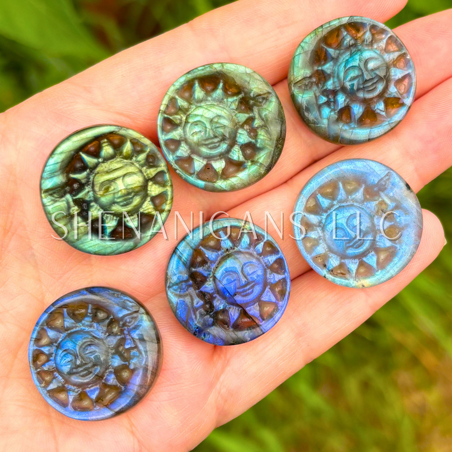 Sun Moon Face Labradorite Flat Carving
