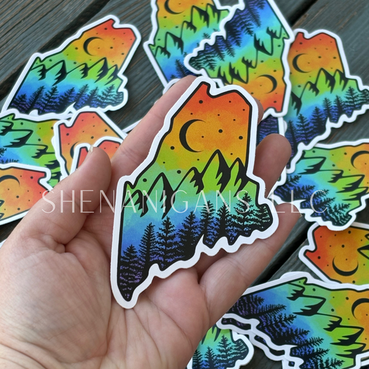 Maine Pride Night Sky Hand Drawn Digital Art Sticker, Mountain Shilouette Night Sky Forest Rainbow