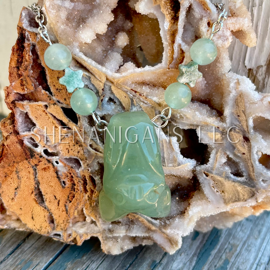 Green Aventurine Hanging Fruit Bat Necklace with Green Aventurine Beads