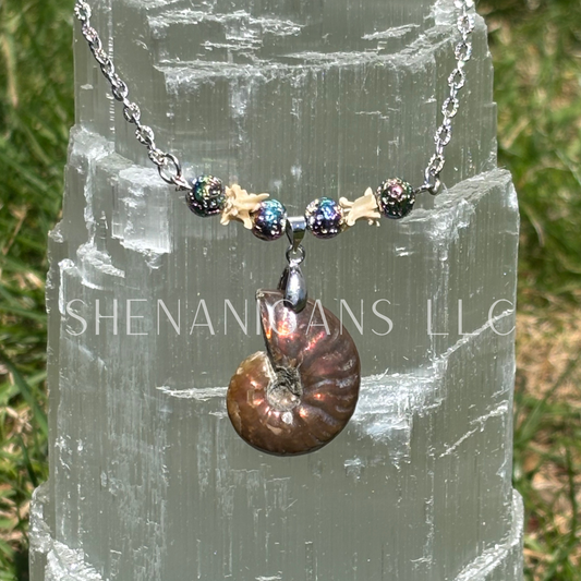Ammonite Shell Talisman Necklace – Aura Lava Stone & Rattlesnake Bone