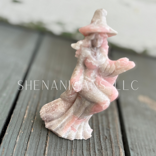 Flying Witch With Broom - Pink Opal - Crystal Carving