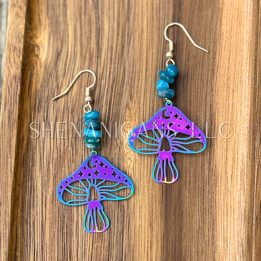 Rainbow Aura Mushroom Earrings – Stainless Steel with Crystal Chip Accents
