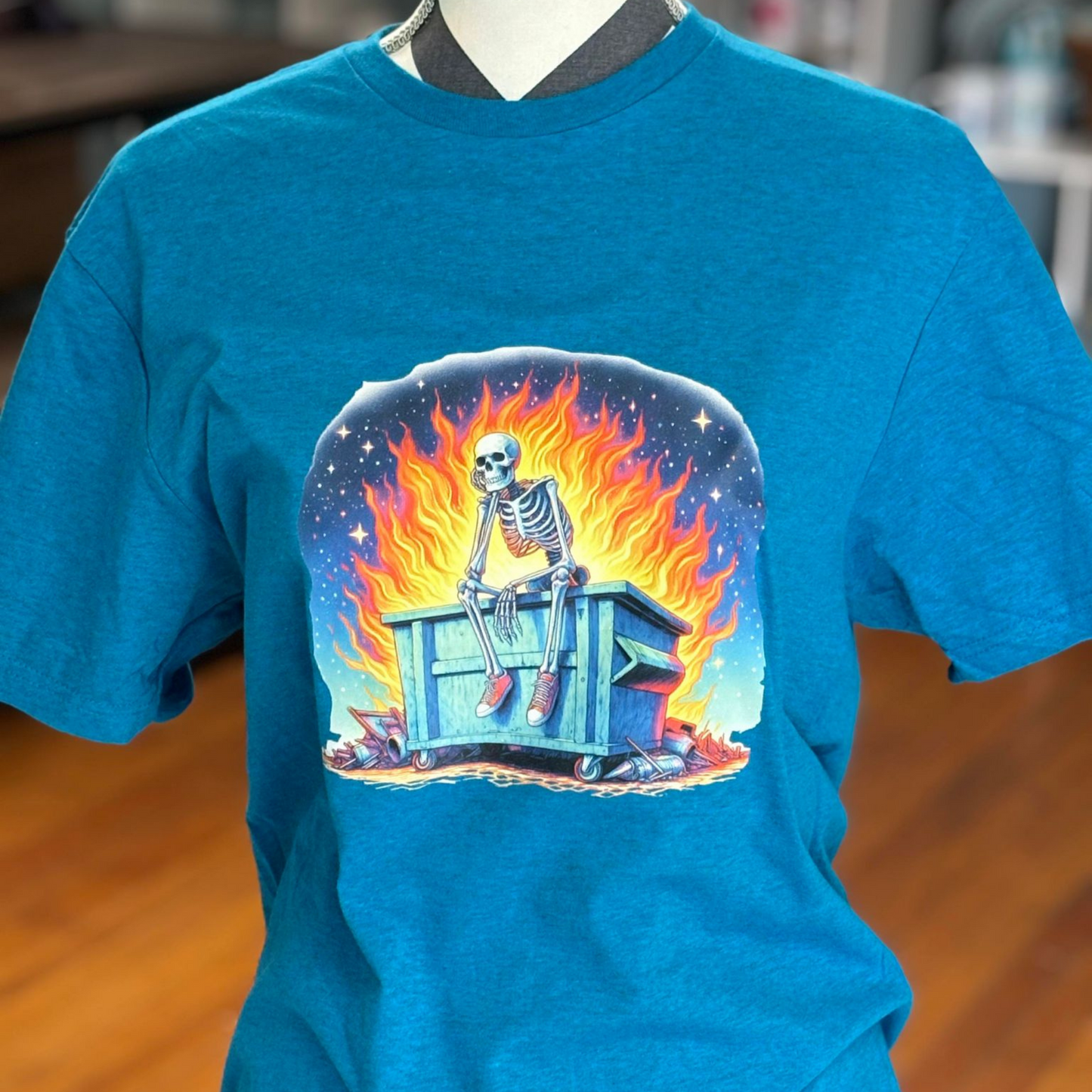 Dumpster Fire Skeleton Blue Shirt