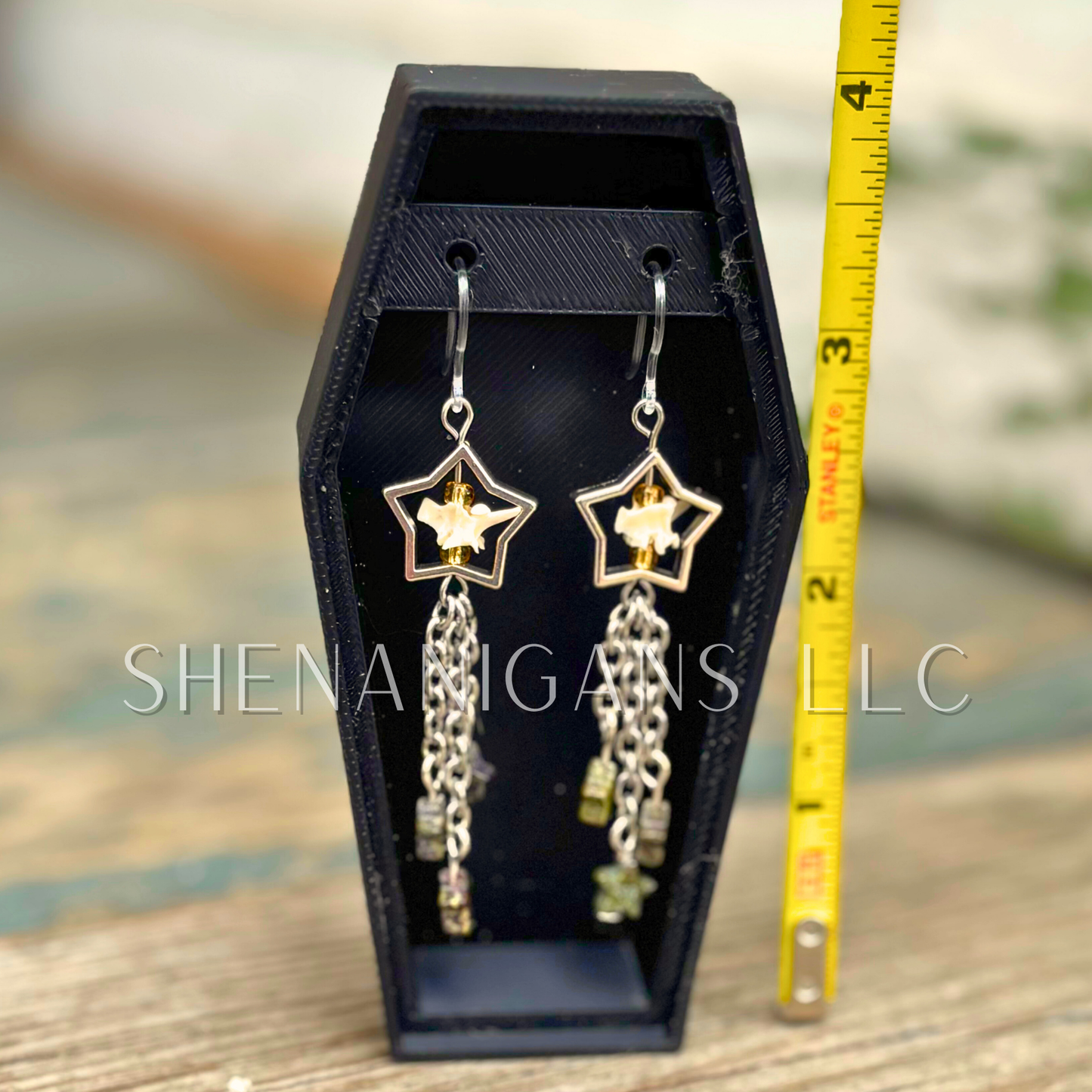 Shooting Star Earrings with Dragon’s Blood Jasper Stars & Rattlesnake Vertebrae – Handmade Celestial Coffin Display