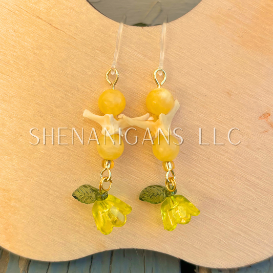 Yellow and Gold Bell Flower Dangle Earrings with Snake Vertebrae and Crystal Beads