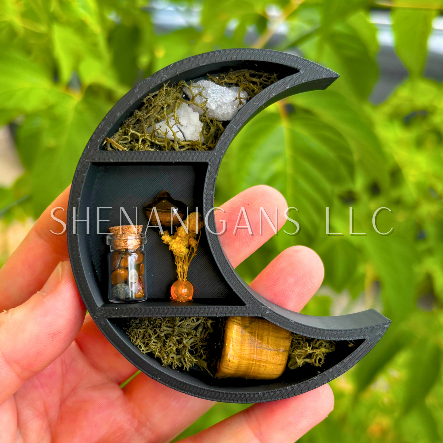 Mini Crescent Moon Magnet with Star Crystal - 3D Printed Moon Display with Handpicked Crystals, Moss & Trinkets (Copy) (Copy)