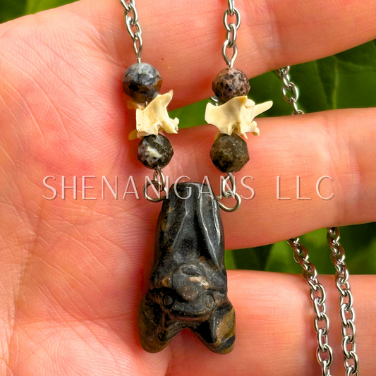 Fruit Bat Necklace – Jasper Bat with Pietersite Beads and Snake Vertebrae
