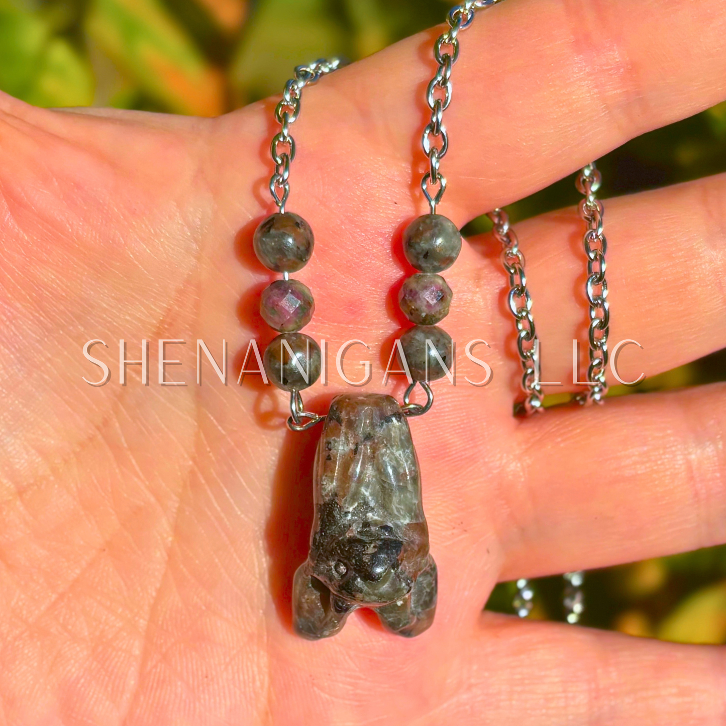 Fruit Bat Necklace – Yooperlite Bat with Yooperlite Beads and Snake Vertebrae - UV Reactive