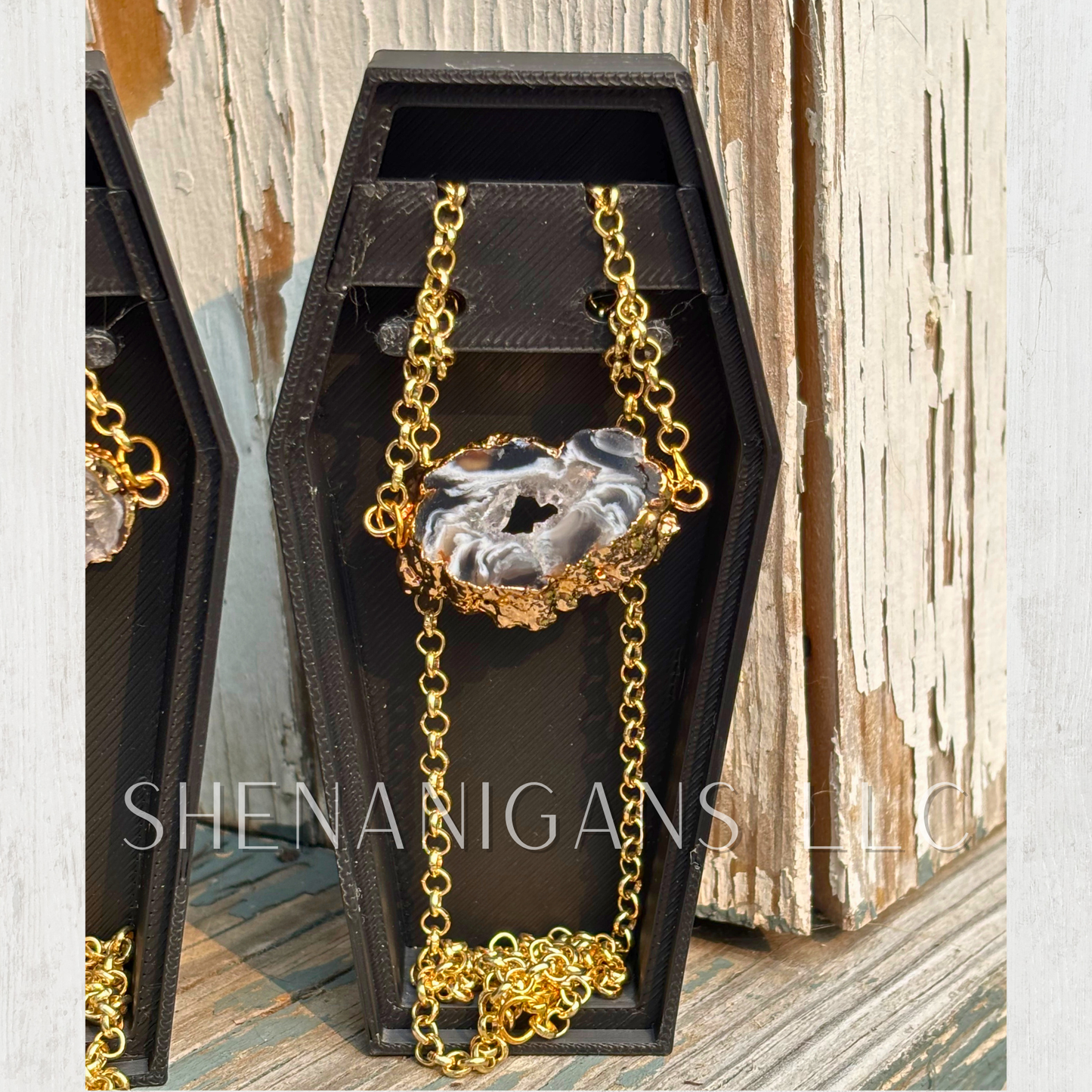 Dark Druzy Agate Slice Necklace – Natural Crystal with Gold Hammered Chain