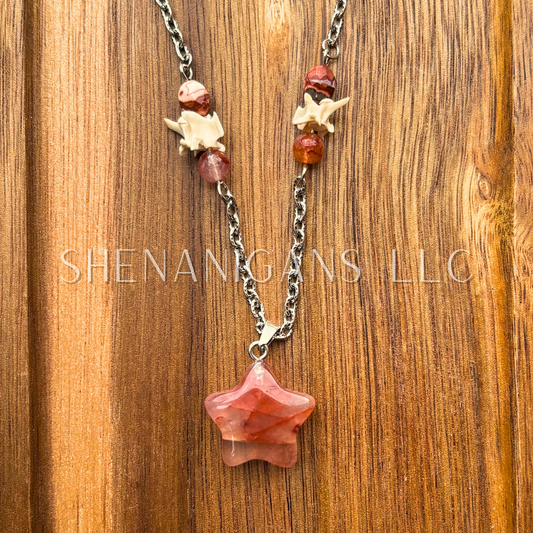 Fire Quartz Star Pendant – Crystal Beads & Rattlesnake Vertebrae Necklace
