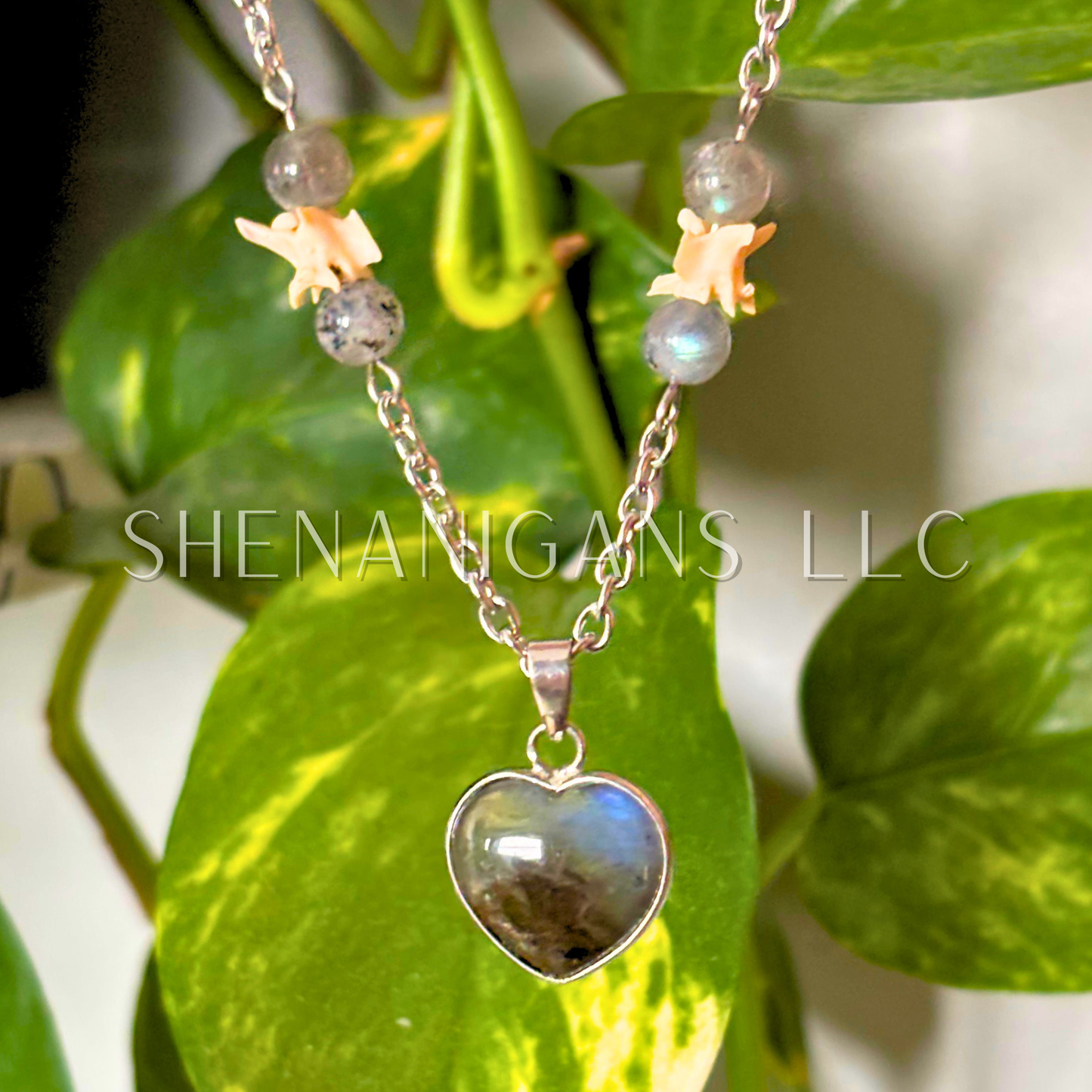 Labradorite Heart Necklace with Snake Vertebrae