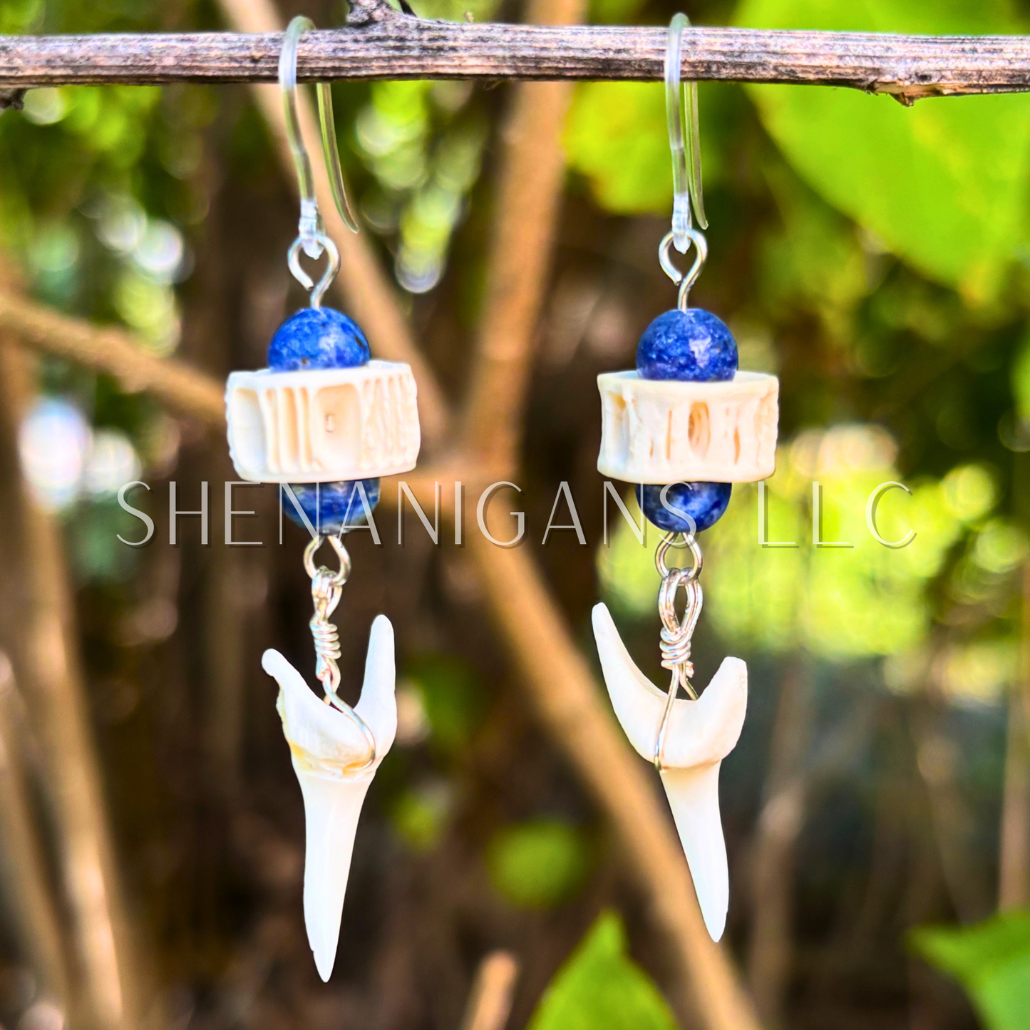 Shark Vertebrae and Shark Tooth Earrings with Crystal Beads