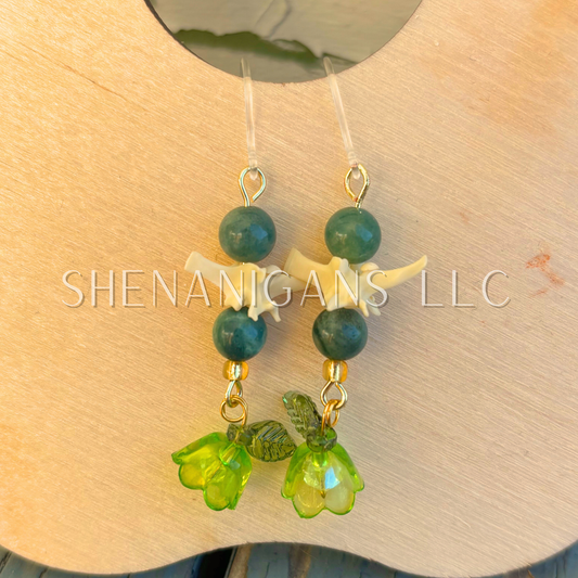 Green and Gold Bell Flower Dangle Earrings with Snake Vertebrae and Crystal Beads