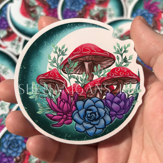 Mushroom Crescent Moon Hand Drawn Digital Art Sticker, Mushroom Foliage Cottage Core Sticker