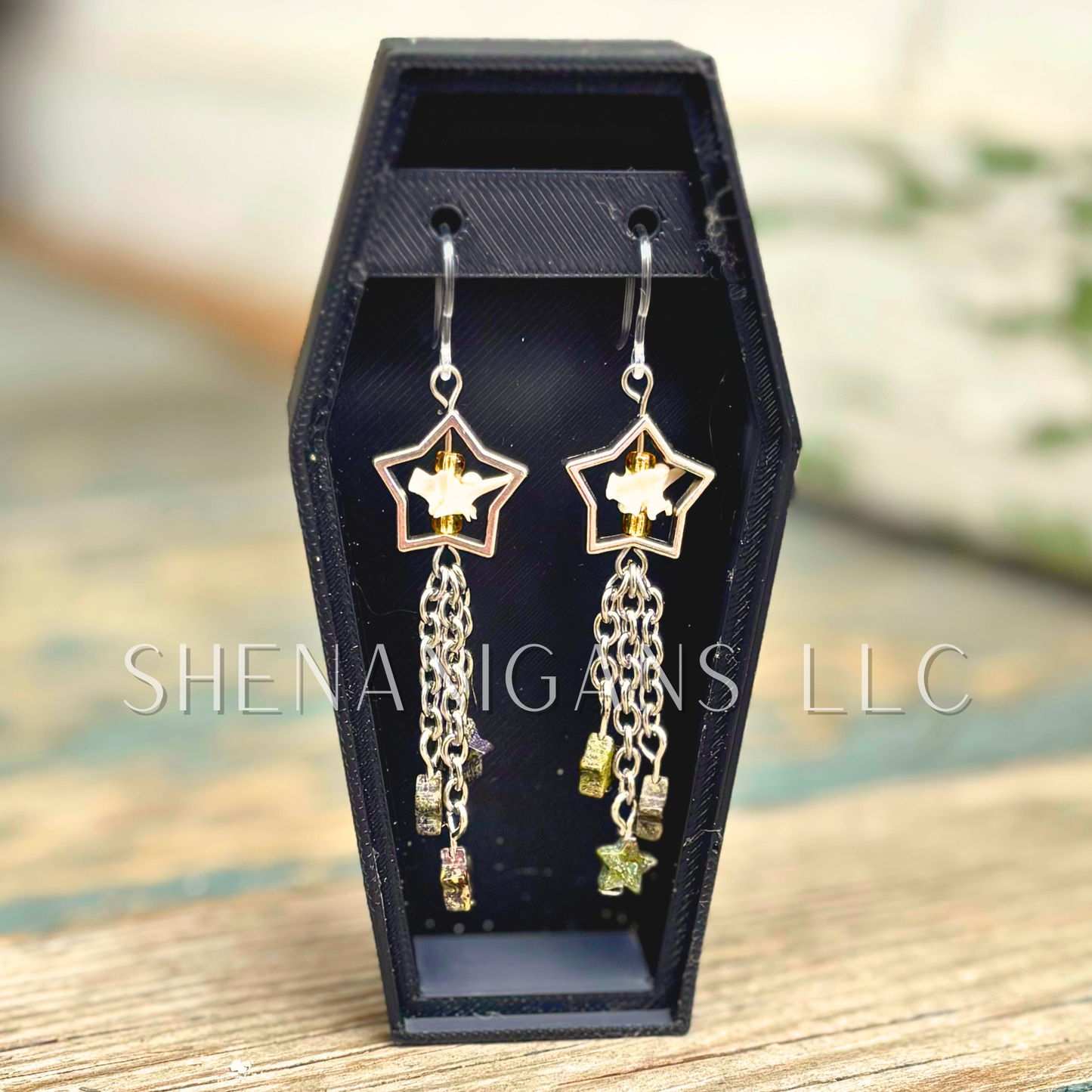 Shooting Star Earrings with Dragon’s Blood Jasper Stars & Rattlesnake Vertebrae – Handmade Celestial Coffin Display