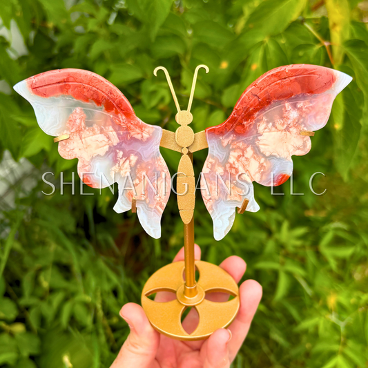 Pink Agate Butterfly Wings on Stand Crystal Carving