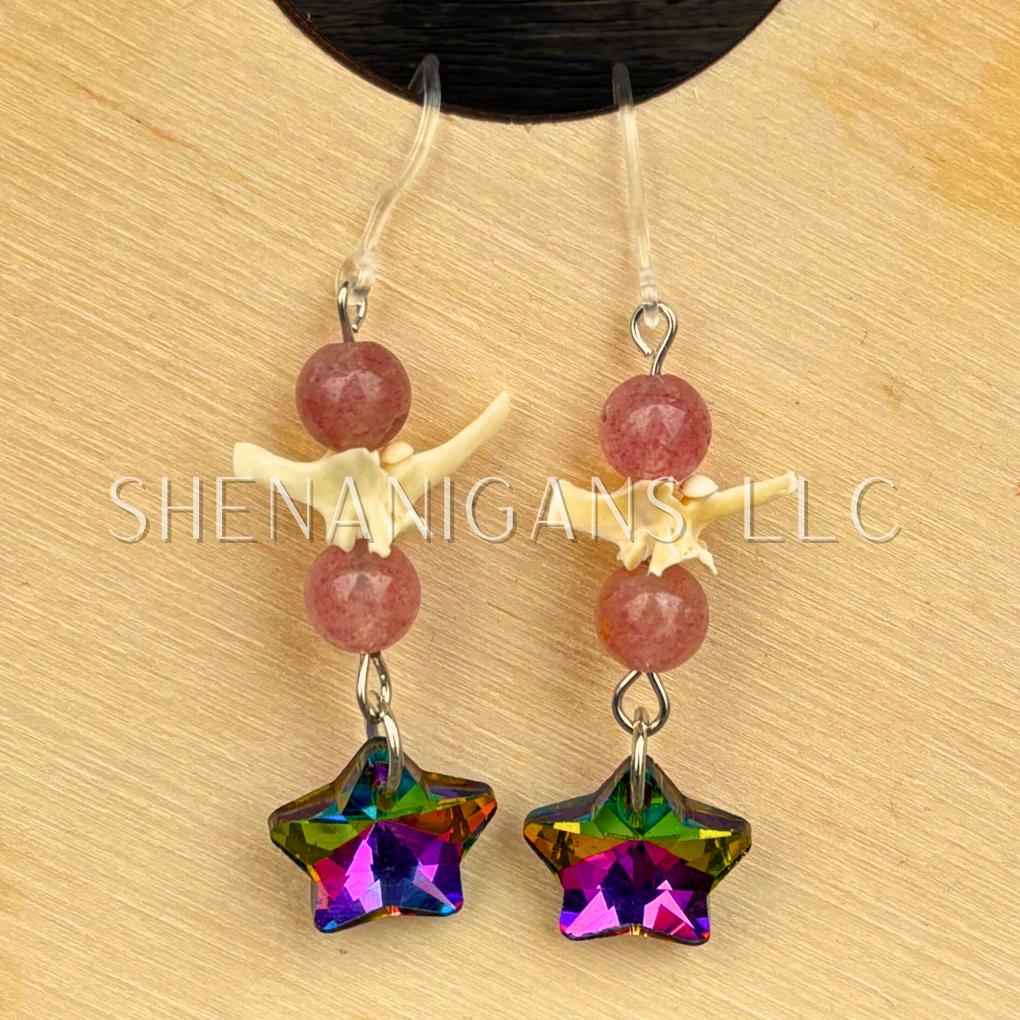 Star Dangle Earrings with Snake Vertebrae and Crystal Beads