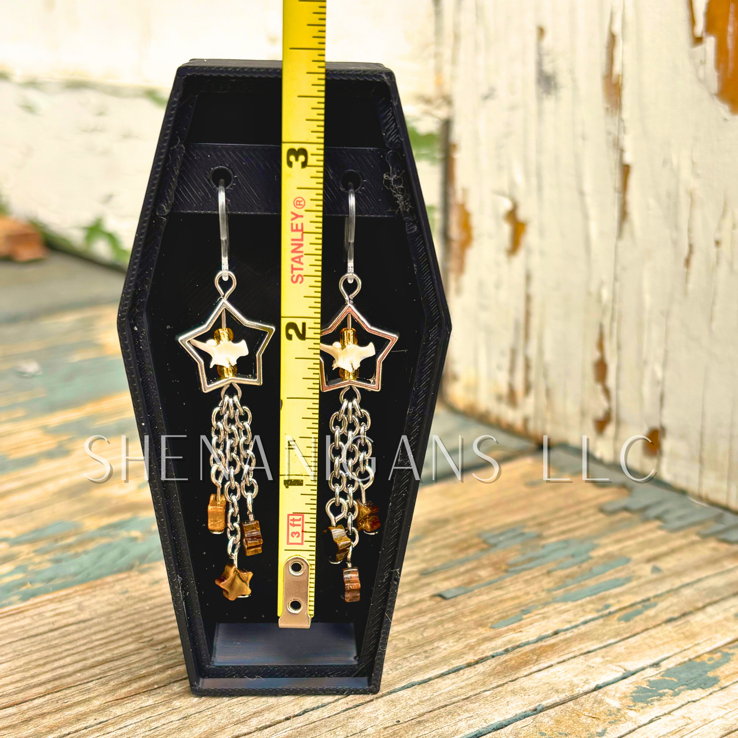 Shooting Star Earrings with Tiger’s Eye Stars & Rattlesnake Vertebrae – Handmade Celestial Coffin Display