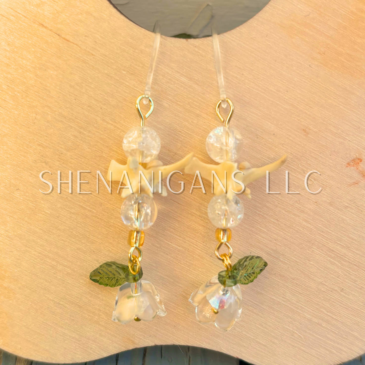 White and Gold Bell Flower Dangle Earrings with Snake Vertebrae and Crystal Beads
