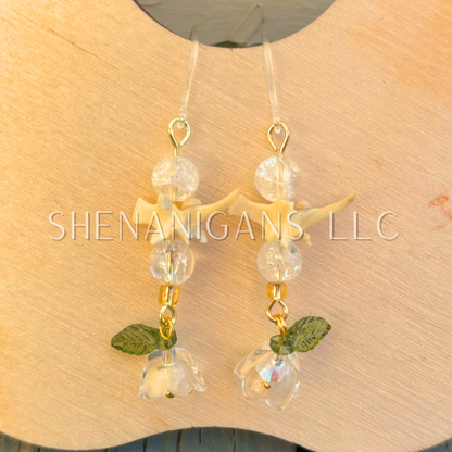 White and Gold Bell Flower Dangle Earrings with Snake Vertebrae and Crystal Beads