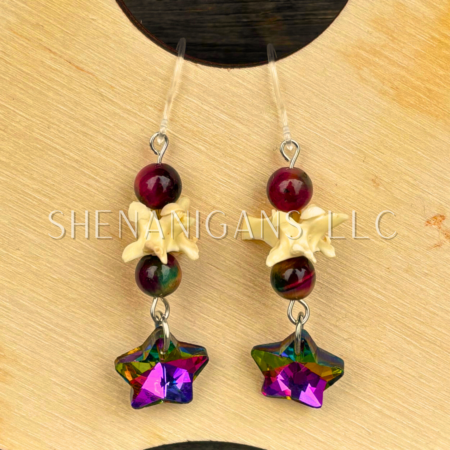 Star Dangle Earrings with Snake Vertebrae and Crystal Beads