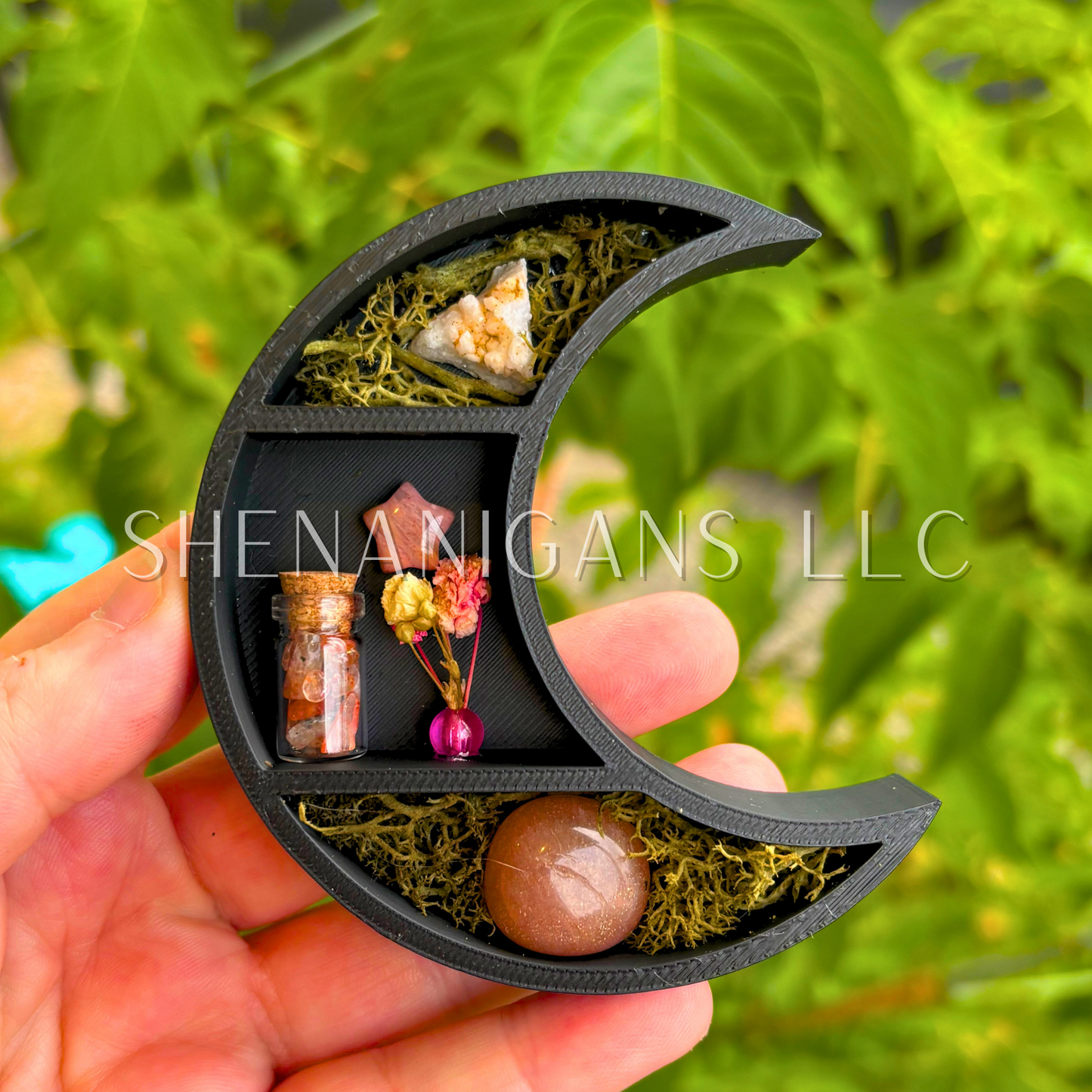 Mini Crescent Moon Magnet with Star Crystal - 3D Printed Moon Display with Handpicked Crystals, Moss & Trinkets (Copy) (Copy)