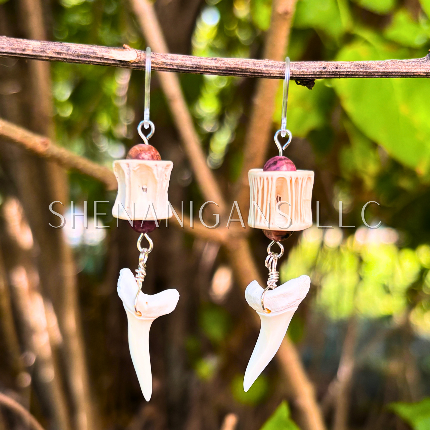Shark Vertebrae and Shark Tooth Earrings with Crystal Beads