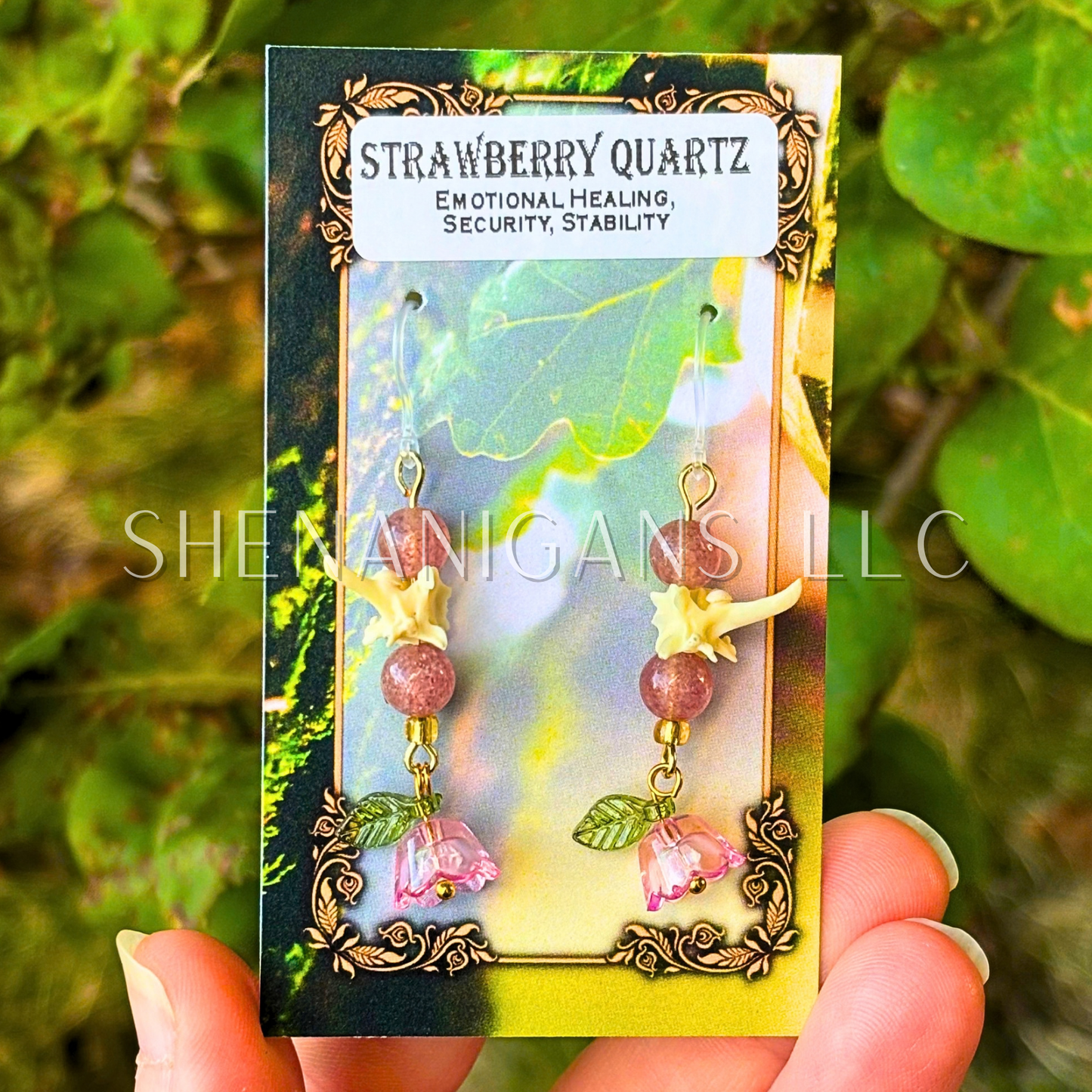 Bell Flower Dangle Earrings with Snake Vertebrae and Crystal Beads