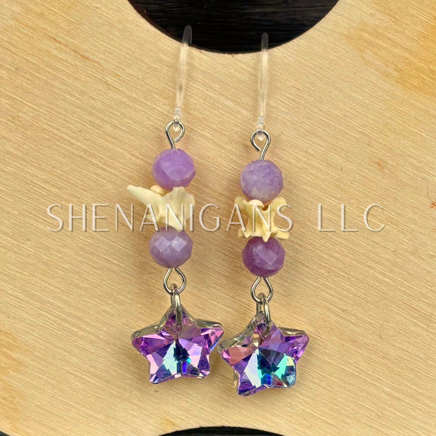 Star Dangle Earrings with Snake Vertebrae and Crystal Beads