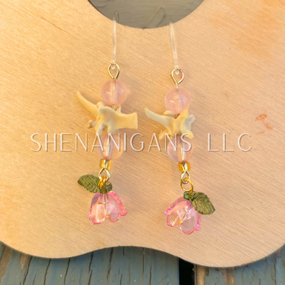 Pink and Gold Bell Flower Dangle Earrings with Snake Vertebrae and Crystal Beads