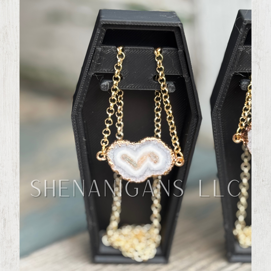 White Druzy Agate Slice Necklace – Natural Crystal with Gold Hammered Chain