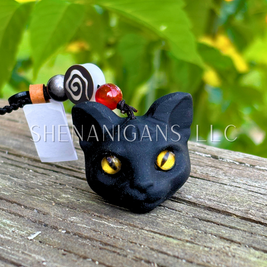 Obsidian Cat Head Third Eye Bag Key Chain