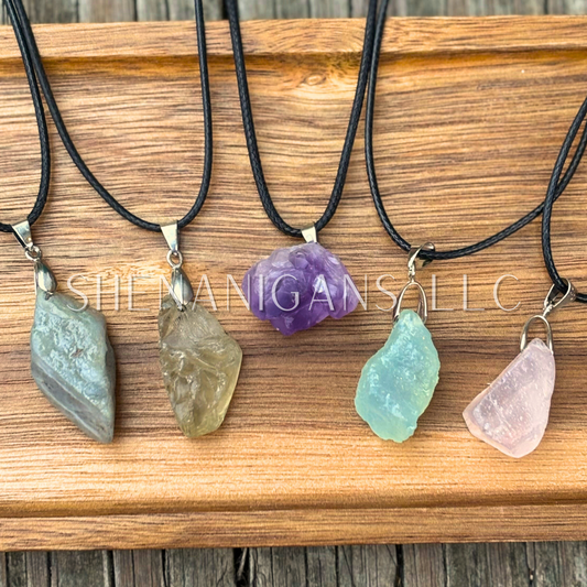 Raw Stone Pendant Necklace – Satin Silk Cord with Lobster Clasp (Amethyst, Citrine, Rose Quartz, Labradorite, Aquamarine)