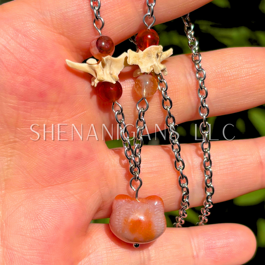 Red Agate Cat Head Necklace with Rattlesnake Vertebrea and Carnelian Beads